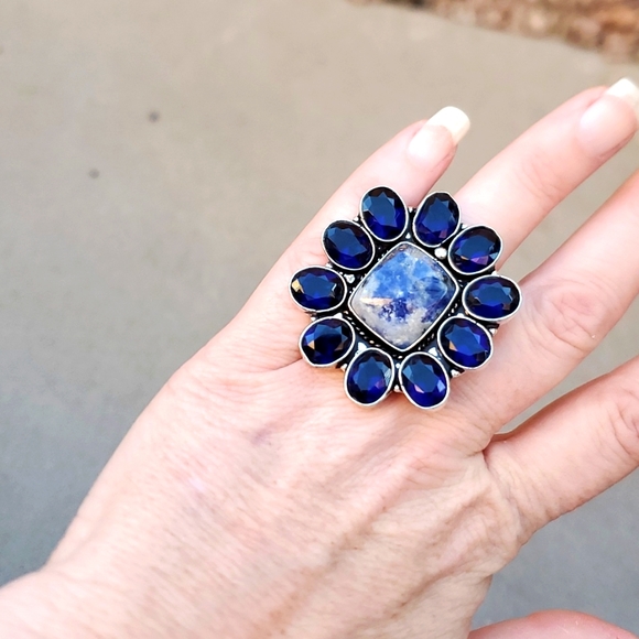 New Oversized Sodalite & Blue Topaz 925 Silver Statement Ring. - Picture 3 of 15